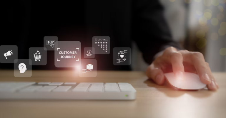 Customer journey concept. Customer behavior analysis, marketing strategy. Social media marketing, content marketing, purchase, storytelling, seo, awareness, advertise, online marketing. Sales funnel.